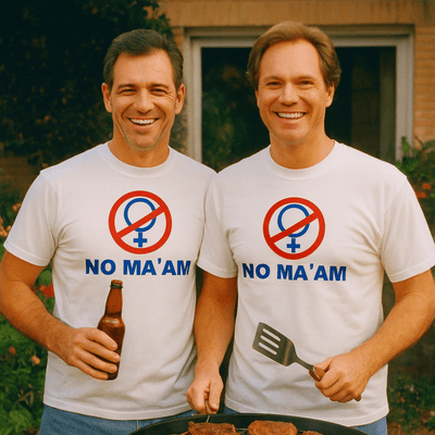 Two men wearing No Ma'am t-shirts standing by the barbecue and having a beer